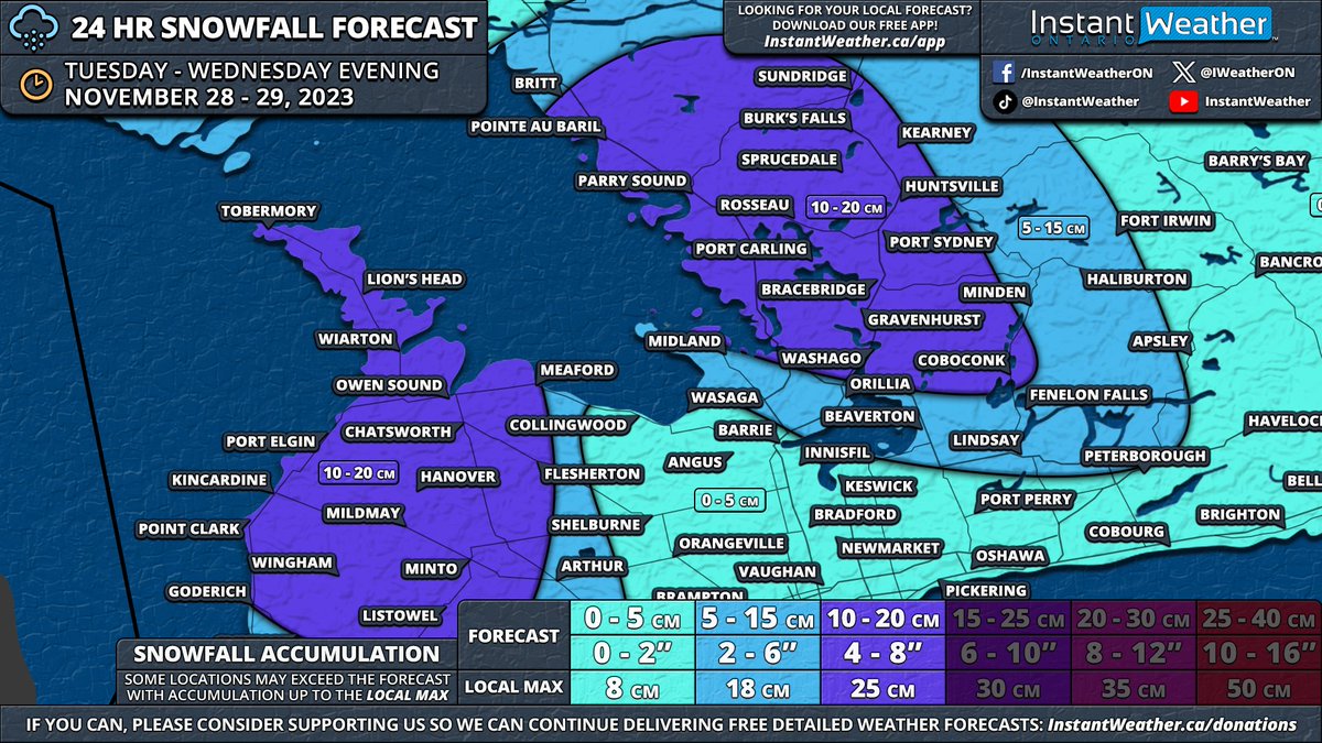 #ONStorm #ONwx ❄️ Snow Squall Threat Continues Into Wednesday in Parts of Southern Ontario With an Additional 10 to 20cm of Snow Possible 📅 Wednesday, November 29, 2023 ⤵️ FULL FORECAST & MORE MAPS (FREE) instantweatherinc.com/ontario/foreca… - Brennen