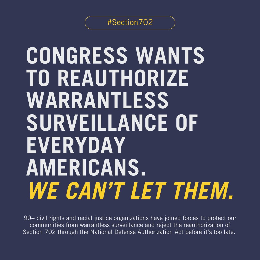 To extend warrantless surveillance is to extend the racial profiling and discrimination of everyday Americans. It’s for this reason that we can’t tolerate the reauthorization of FISA Section 702 through the NDAA — and neither should Congress. #FixFISA bit.ly/oppose-702-ndaa