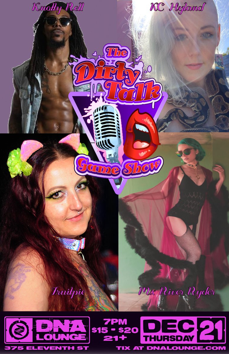 dirtytalkgame's tweet photo. Join us for another sexy game show at the @dnalounge Dec 21st.
Mx River Ryder, KC Hyland, Knotty Rell and Fruit Pie!

Tickets at: https://t.co/8FtMzS1LyR https://t.co/kEtb3x7Ewk