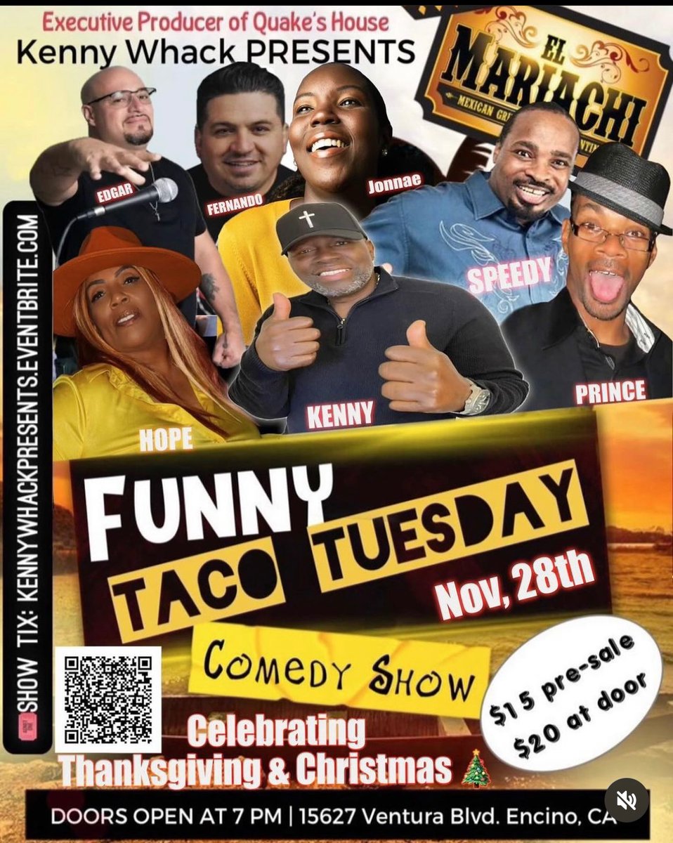 Join me tonight at El Mariachi Grill for the last “Funny Taco Tuesdays” of the year brought to you by Kenny Whack featuring yours truly and some of my faves! 😆 🌮 

#funnytacotuesday #encino #elmariachigrill #gigalert #pullup #tonight