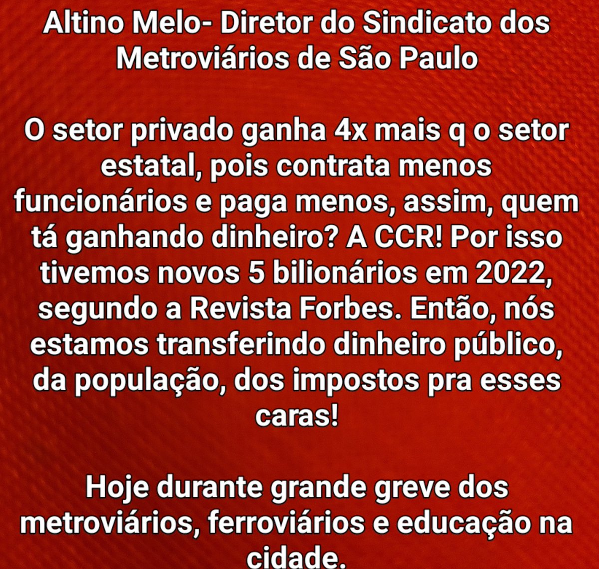 ReestatizaSus's tweet photo. Hoje São Paulo vive uma grande greve dos metroviários, ferroviários e educação!
O trabalhador da saúde do Rio de Janeiro vem clamando por greve geral unificada, no entanto, a reivindicação não é legitimada pelos sindicatos!
Nós seguiremos na luta!
Greve Geral já!
#PccsSaudeRio https://t.co/NoR8llPEmW