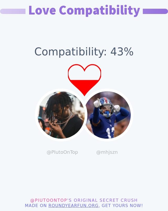 PIutoOnTop's tweet photo. My love compatibility with @mhjszn is 43%

➡️ https://t.co/tuOSXrBt2N https://t.co/cVLG4NuCAY