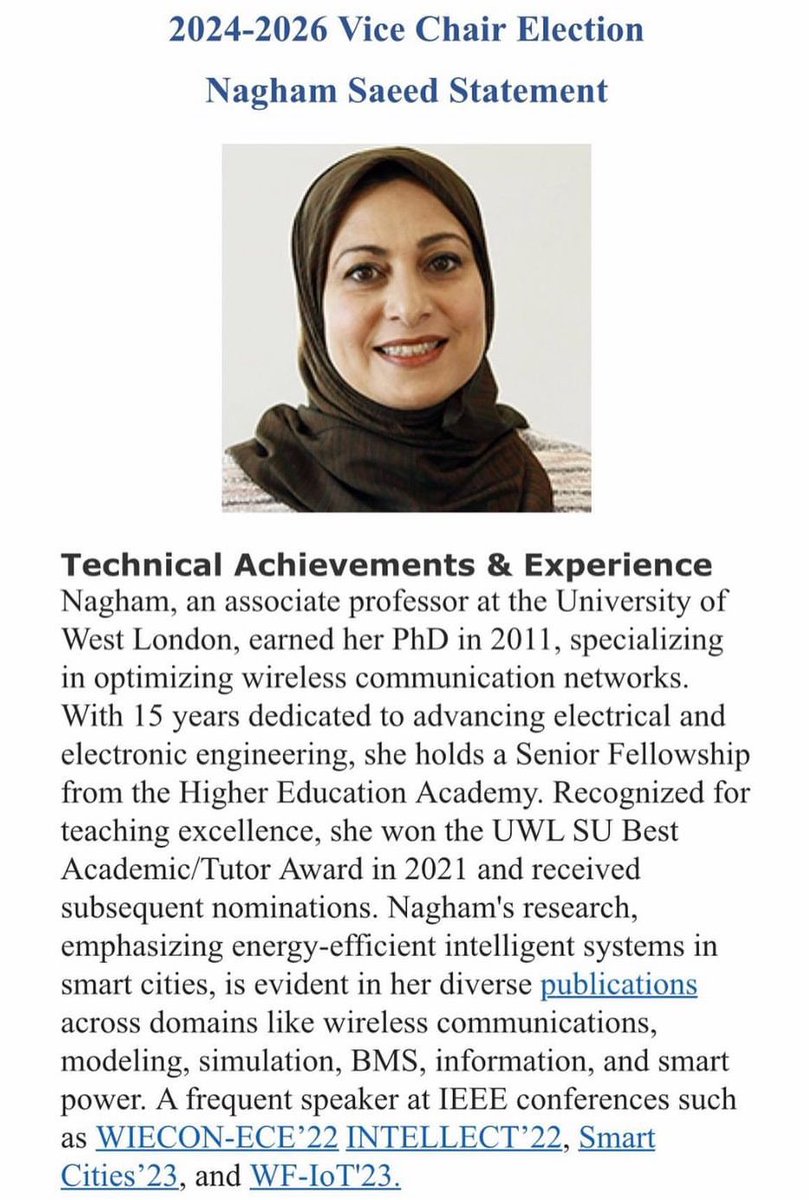 We are delighted to announce Dr. Nagham Saeed as a candidate in the 2024-2026 Vice Chair Election of the IEEE UK&amp;I section. 
Your support holds immense value for us. Kindly cast your vote using the following link: voting.vtools.ieee.org