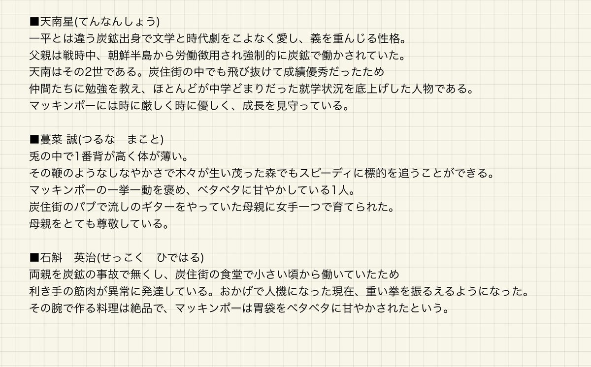 3巻電子特典の兎たちの紹介では全体絵を見せたかったのでだいぶ紹介文を端折って掲載してしまったんですが、1人1人炭鉱での人生があります。(電子版では是非、絵をお楽しみください🌹)