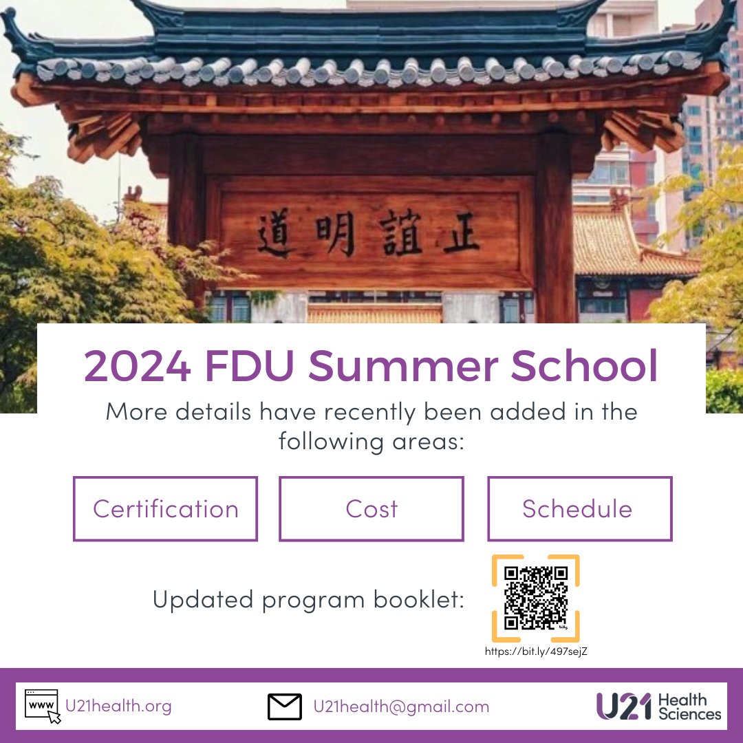 New info about the 2024 Summer School at the School of Public Health at Fudan University has been added to the Program Booklet. Find out what the cost covers and for a preliminary schedule of sessions! u21health.org/summer-school #U21health #U21healthsciencesgroup #SummerSchool
