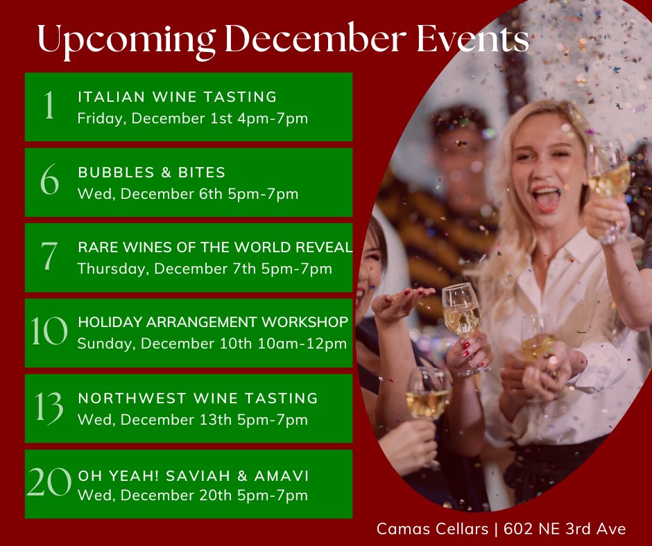 Upcoming December events #camaswashington #camaswinebar #downtowncamas #holidayshopping #wawine #pnwwines