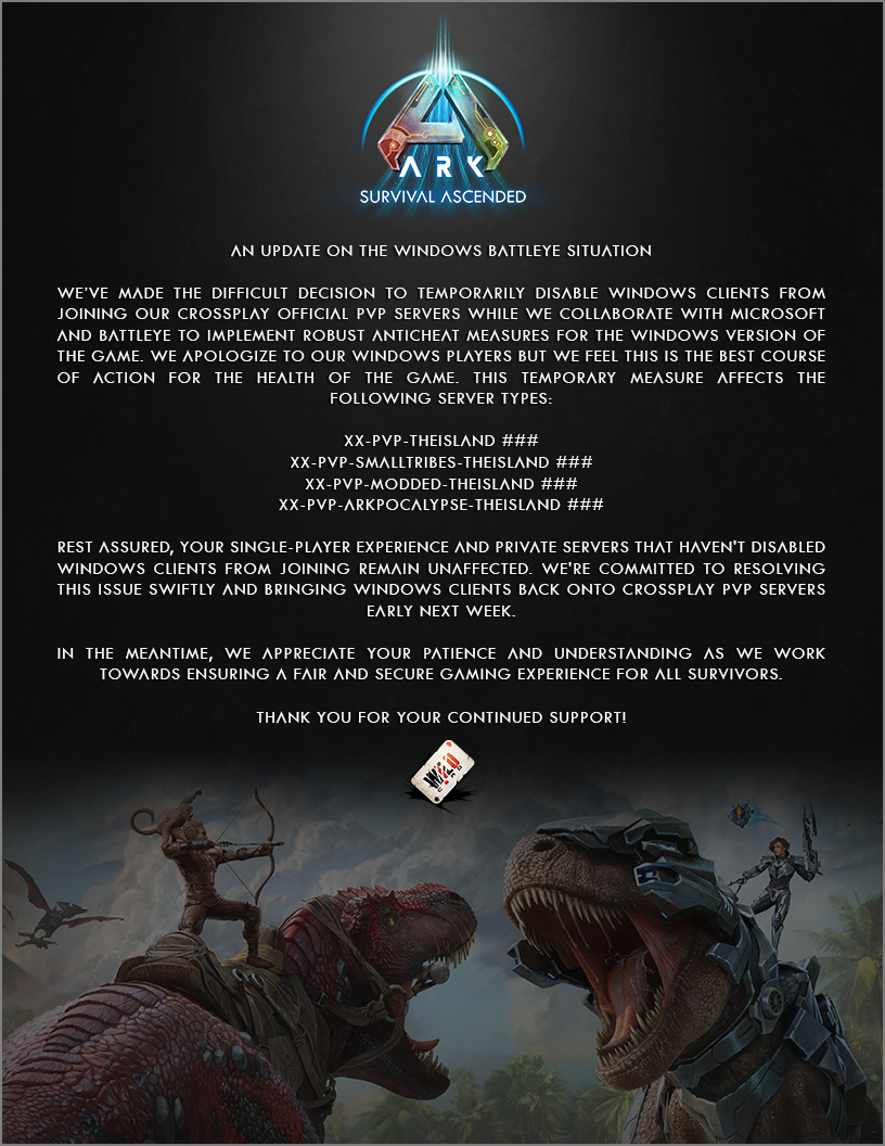 ARK: Survival Ascended Developer Studio Wildcard Temporarily Disables  Windows 10 PC Crossplay PvP Due to Rampant Cheating