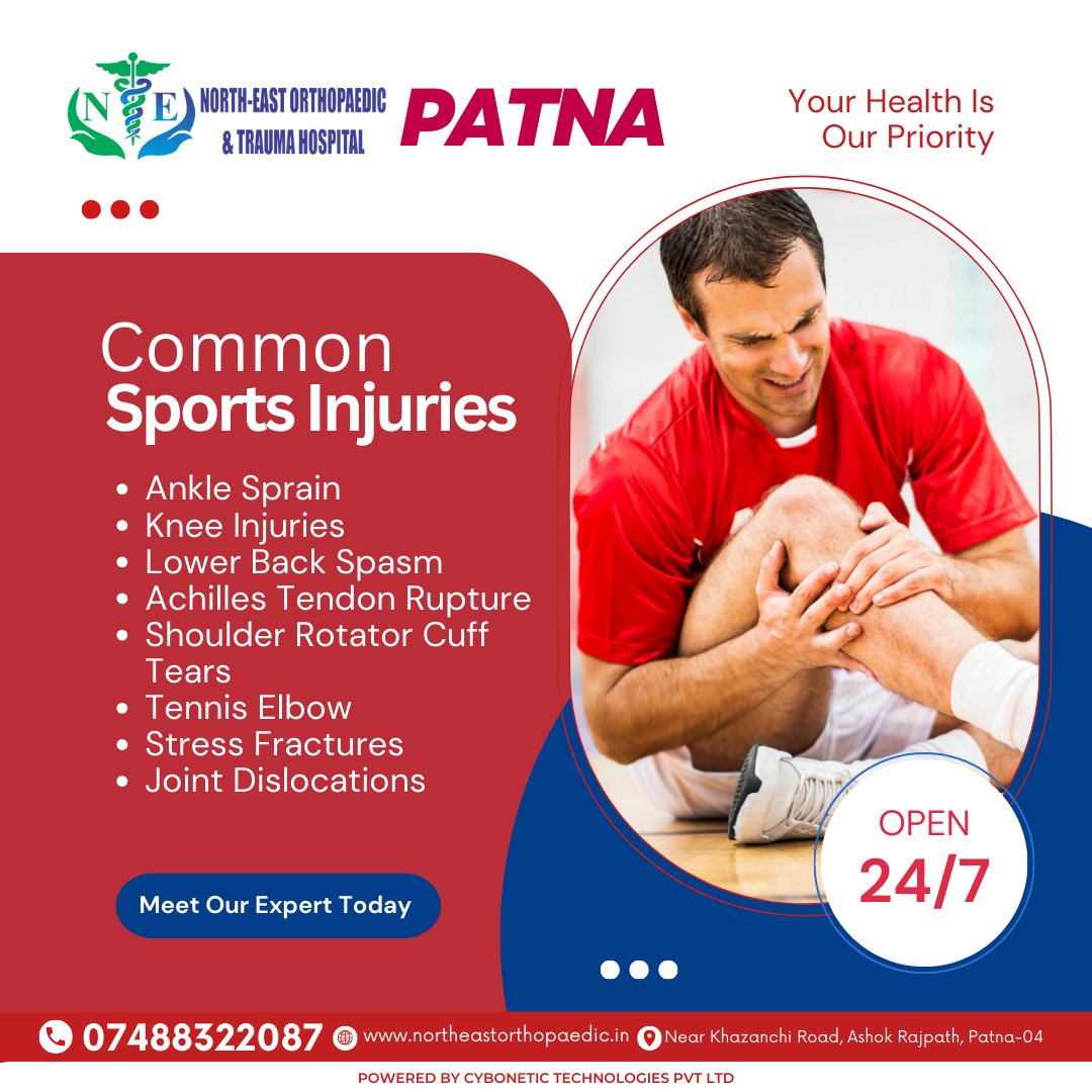 These are some common sports related injuries.

Book an Appointment:
☎+91-74883-22087
🌐northeastorthopaedic.in

#SportsInjury #KneeInjuries #SportsInjuries #ShoulderInjuries #TennisElbow #RoadToRecovery #StayStrong #InjuryRehab  #patna #northeast #hospital #multispeciality