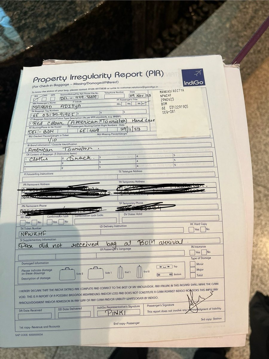 awkwardalpha's tweet photo. @IndiGo6E I want to report a series of negligence report:

1/ Hello, I’m Aditya Mankad, and I need to share a frustrating experience with @IndiGo6E. My PNR is NPWZHF, and I checked in a red American Tourister bag at Delhi T1 airport around 12:00 AM for my 5:30 AM flight. https://t.co/IfaRuO5Qjf