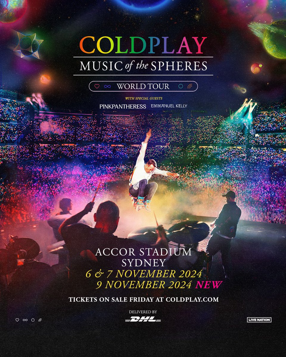 coldplay's tweet photo. Due to astonishing demand, a third Sydney date has been added at Accor Stadium for 9th November 2024. Presale begins Thursday, 30th November at 10AM local time. https://t.co/EBXxRC9Vcc https://t.co/9ymsQjKHD2