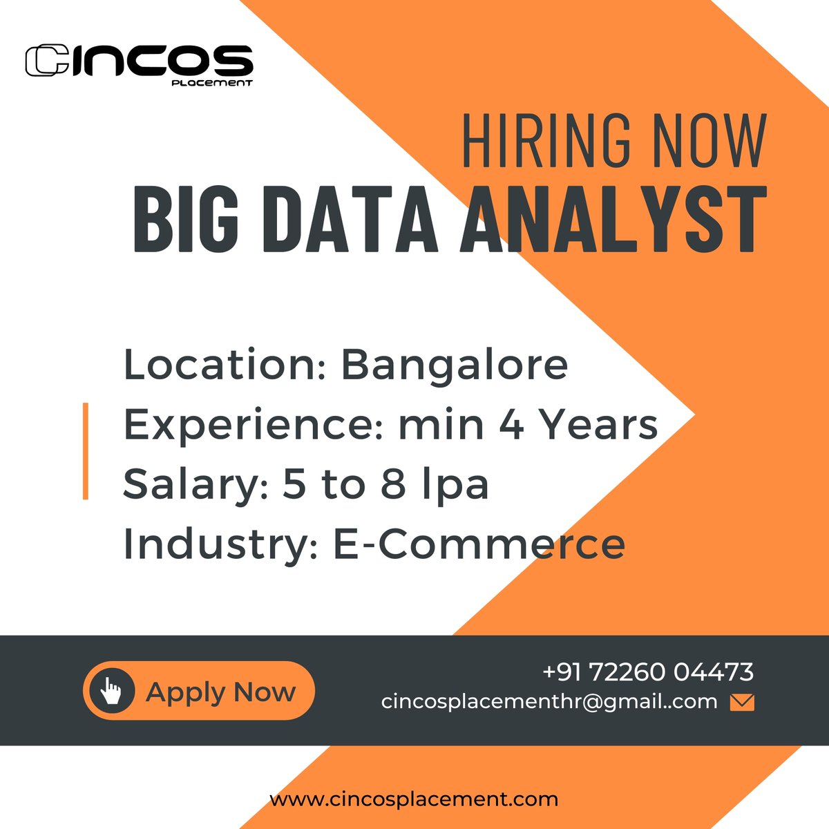 cincosplacement's tweet image. Dive into data! Exciting opportunity as a Big Data Analyst with the Top Job Consultant in Bangalore.
Contact Us
Phone : +91 7226004473
#BigDataAnalyst #BangaloreJobs #DataMinds #Employment #BestStaffingServicesCompanyInBangalore #BestStaffingManagementConsultantInBangalore