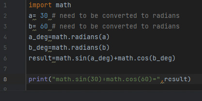 SultanAcademyUS's tweet photo. For python beginners,   
I will start posting how to solve math in python using an example.  
Will start with trigonometry. 
Find the following using python:
sin(30)+cos(60)=?  
#pythonprogramming #pythonlibraries #mathlibrary #math #sultanacademyusa #sin #cos #pythonbeginners https://t.co/OMmnWSMlHn