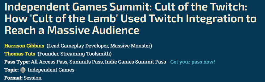 Looks like @thomastuts and I will be presenting a talk at @Official_GDC! It'll be my first time, nervous and excited! If you want to know more about the Twitch Integration of @cultofthelamb then be sure to come along! 🙏🐑