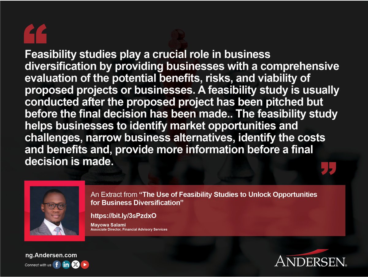 AndersenNigeria's tweet image. Feasibility studies play a crucial role in business diversification by providing businesses with a comprehensive evaluation of the potential benefits, risks, and viability of proposed projects or businesses. 

ng.andersen.com/the-use-of-fea…

#FeasibilityStudies