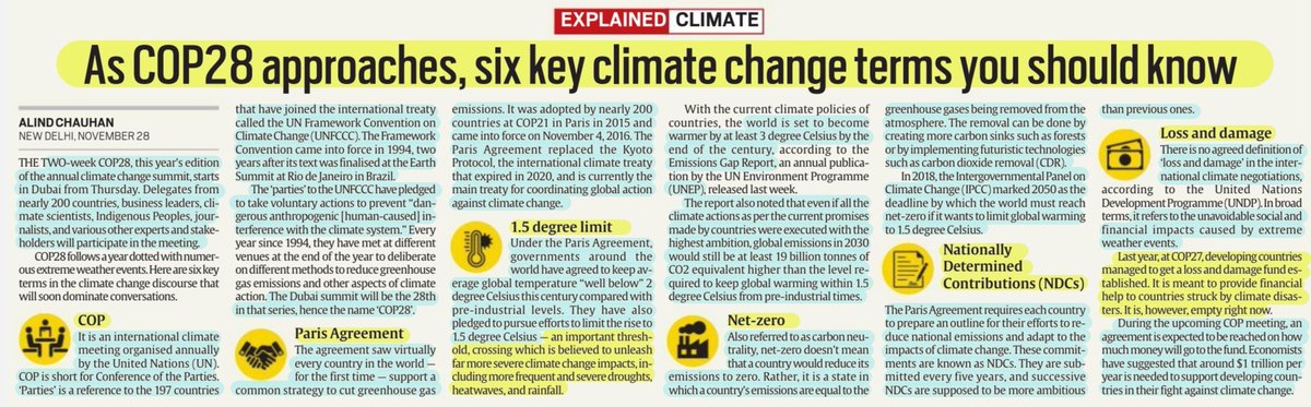 Important #ClimateChange terms

'As #COP28 approaches,six key Climate Change terms you should Know'
:Details

#COP #ParisAgreement #1.5°limit 
#NetZero #NDCs #LossAndDamage 

#KyotoProtocol #UNFCCC #EarthSummit #Carbonemission #emissions 
#Cop28Dubai #COP28UAE 

#UPSC 

Source:IE