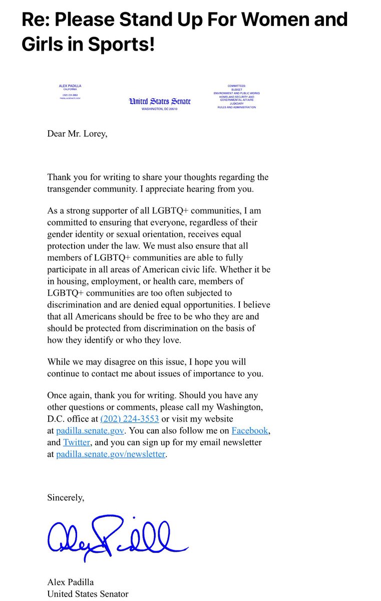SophiaSLorey's tweet photo. My mom messaged US @SenAlexPadilla urging him to protect girls sports by voting YES on #HR734 & #S613
His response made it clear that he stands AGAINST protecting girls sports, while also calling my MOM, “Mr. Lorey”, is that not “misgendering”?😉
Do better @SenAlexPadilla https://t.co/iu59APtsN1