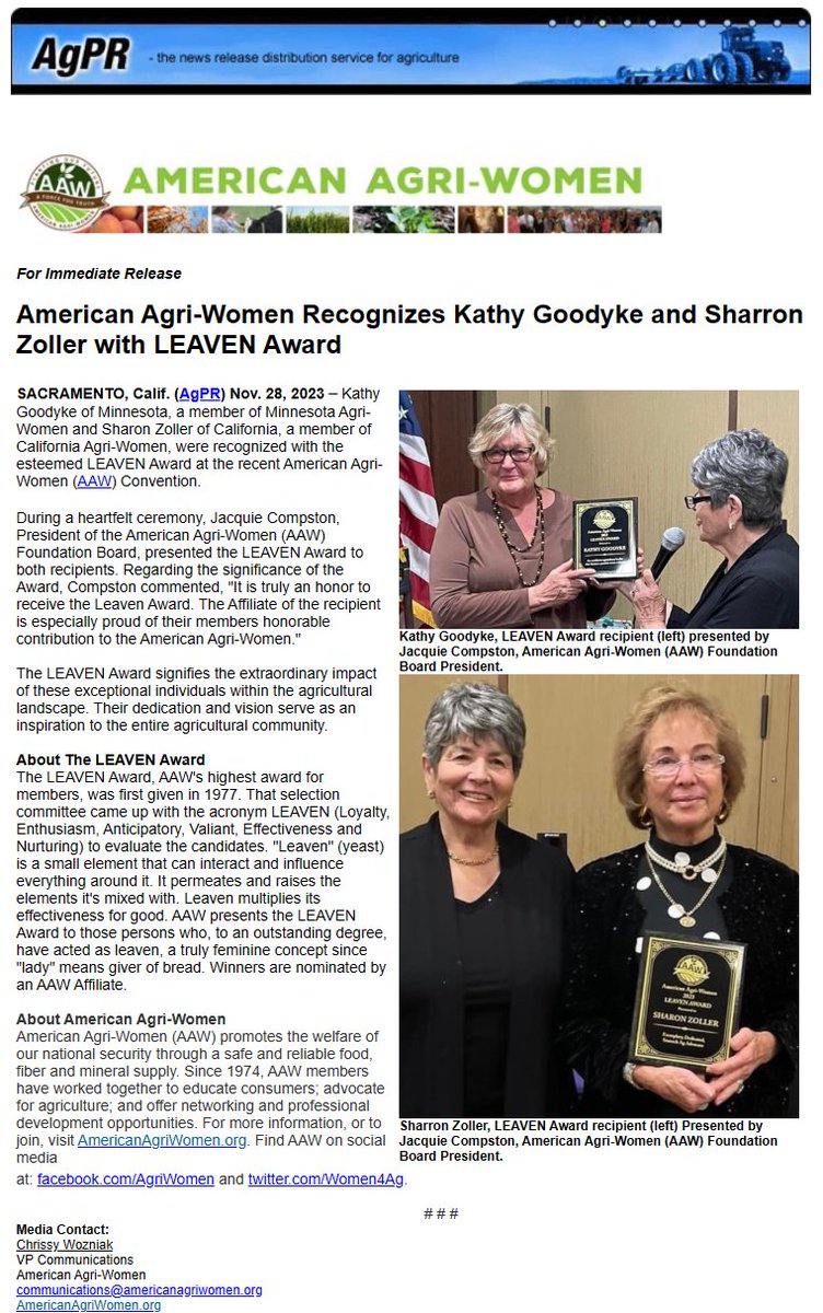 Kathy Goodyke and Sharon Zoller Honored with LEAVEN Award by American Agri-Women. agnewscenter.com/archives.cfm?n… <a href="/Women4Ag/">American Agri-Women</a> <a href="/StateCWA/">State CWA</a> facebook.com/profile.php?id… #women4ag #standupspeakout4ag via AgPR.com | <a href="/agnewscenter/">agnewscenter AgPR</a>