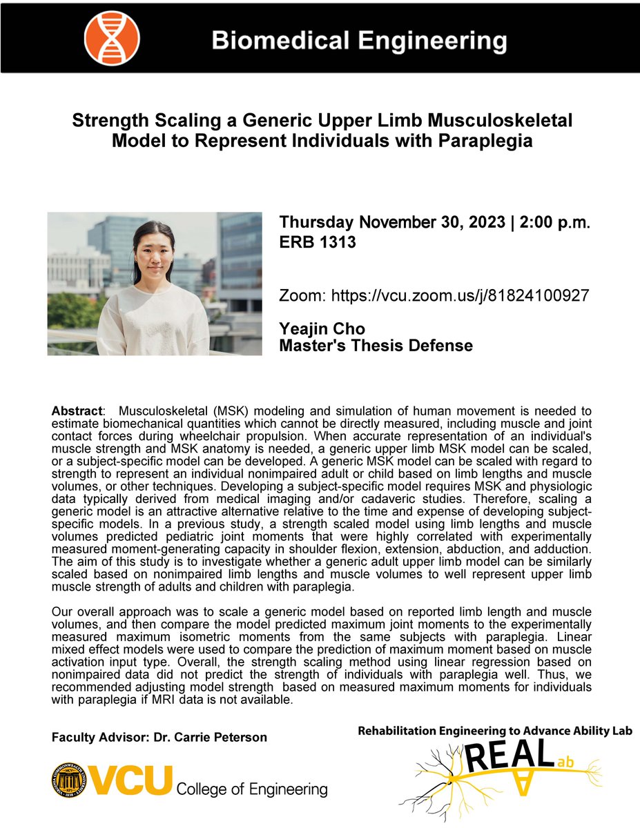 Yeajin Cho is defending her Master's Thesis on Thursday Nov 30 at 2 pm in ERB 1313 (and via zoom)! Yeajin was an amazing contributor to our neuromodulation studies as an undergrad before leading her own work in strength scaling musculoskeletal models.  <a href="/VCUENGR/">VCU Engineering</a> <a href="/VCU_BME/">VCU Biomedical Engineering</a>