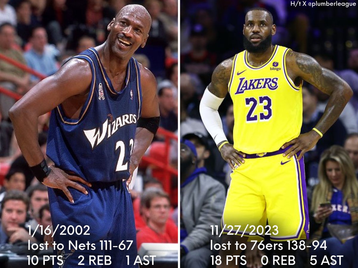 The biggest loss of Michael Jordan’s career (44 points) happened when he was 38 years &amp; 333 days old.

The biggest loss of LeBron James’  career (44 points) happened last night. Today, he’s 38 years &amp; 333 days old.