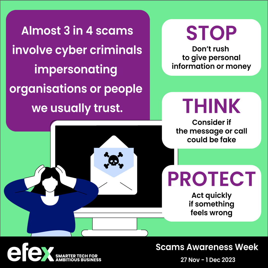 efex_IT's tweet photo. Scams Awareness Week is a reminder to always keep an eye out for suspicious messages and report anything that doesn’t feel right.

#scamsweek2023 #cybersecurity #B2BIT #smartertechforambitiousbusiness https://t.co/iXLnthNThM