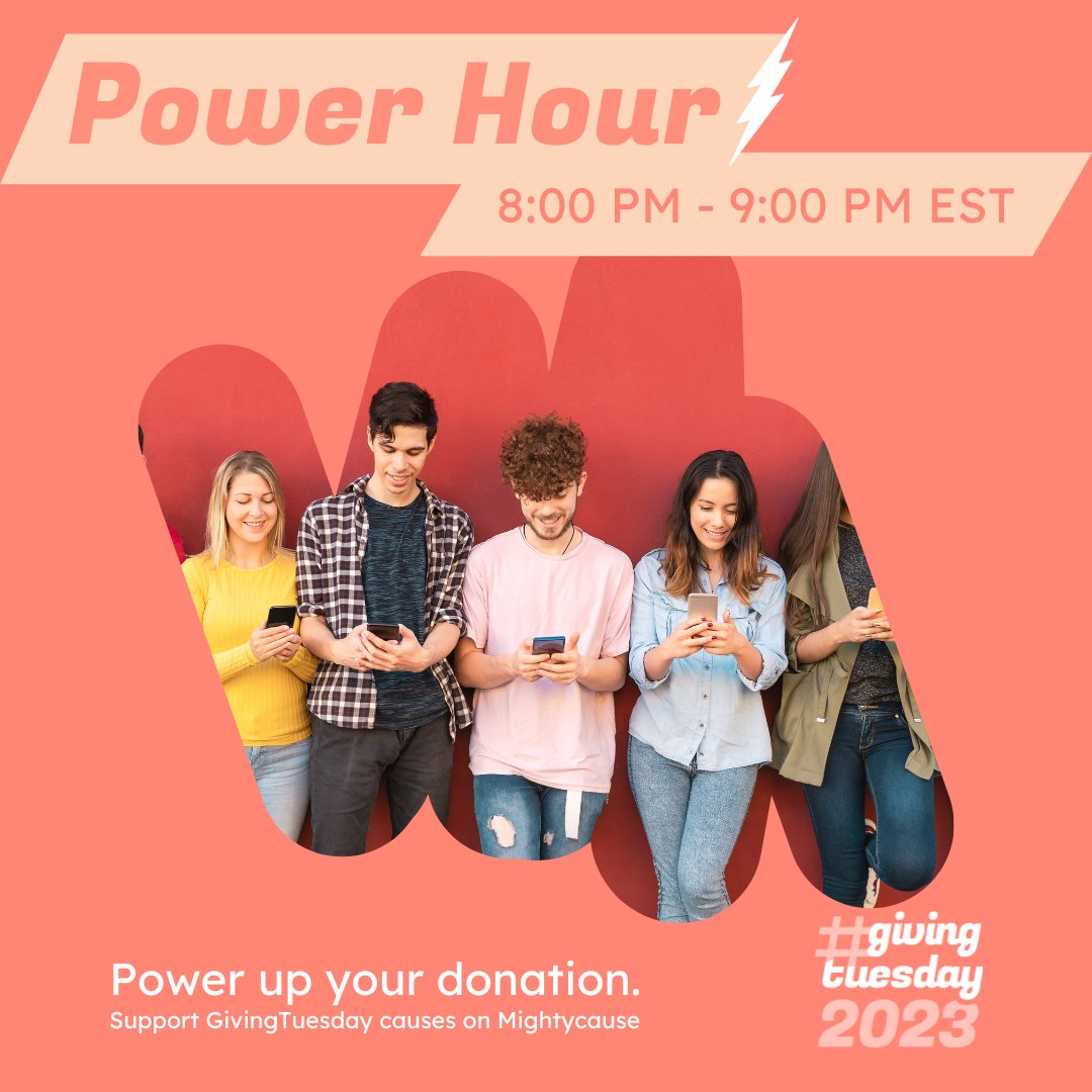 Our last Power Hour of the night starts NOW! The nonprofit that receives the most dollars raised on Mightycause between 8 PM - 9 PM EST will win $500! Make a donation in the next hour to help your favorite nonprofit win! givingtuesday.mightycause.com #givingtuesday #mightycause