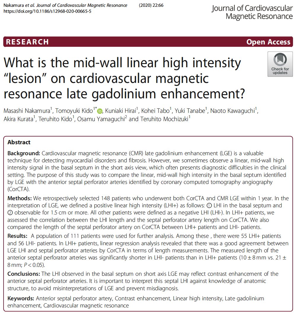 Martin Ugander (@mugander) on Twitter photo A basal anteroseptal stripe of midwall LGE on #WhyCMR can be a septal perforator artery.
Elegantly shown and illustrated in this interesting paper by Nakamura M, et al, JCMR 2020 <a href="/SCMRorg/">Society for Cardiovascular Magnetic Resonance</a>
PMID 32921308 A basal anteroseptal stripe of midwall LGE on #WhyCMR can be a septal perforator artery.
Elegantly shown and illustrated in this interesting paper by Nakamura M, et al, JCMR 2020 <a href="/SCMRorg/">Society for Cardiovascular Magnetic Resonance</a>
PMID 32921308