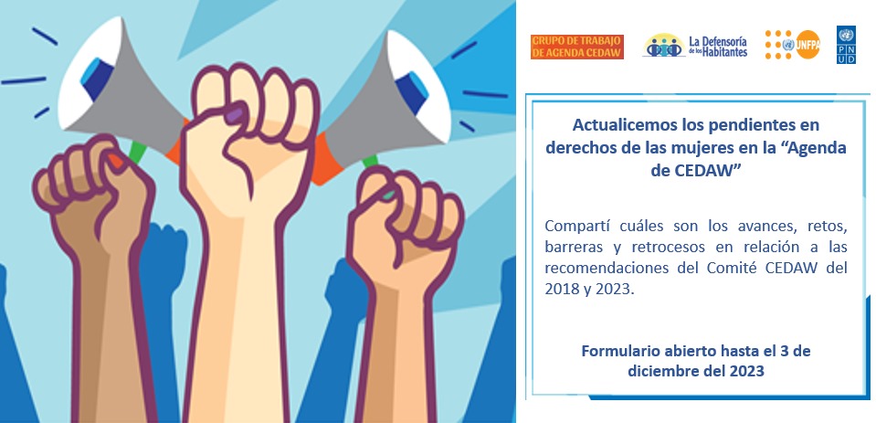 📢 ¡ACTUALICEMOS los pendientes en derechos de las mujeres en la “Agenda de CEDAW”!

✅ Formulario abierto hasta el 3 de diciembre del 2023: forms.gle/enFRsqtAwwLC8g… 

ℹ️ En caso de tener problemas técnicos, puede escribir al correo: agendaCEDAWcr@gmail.com