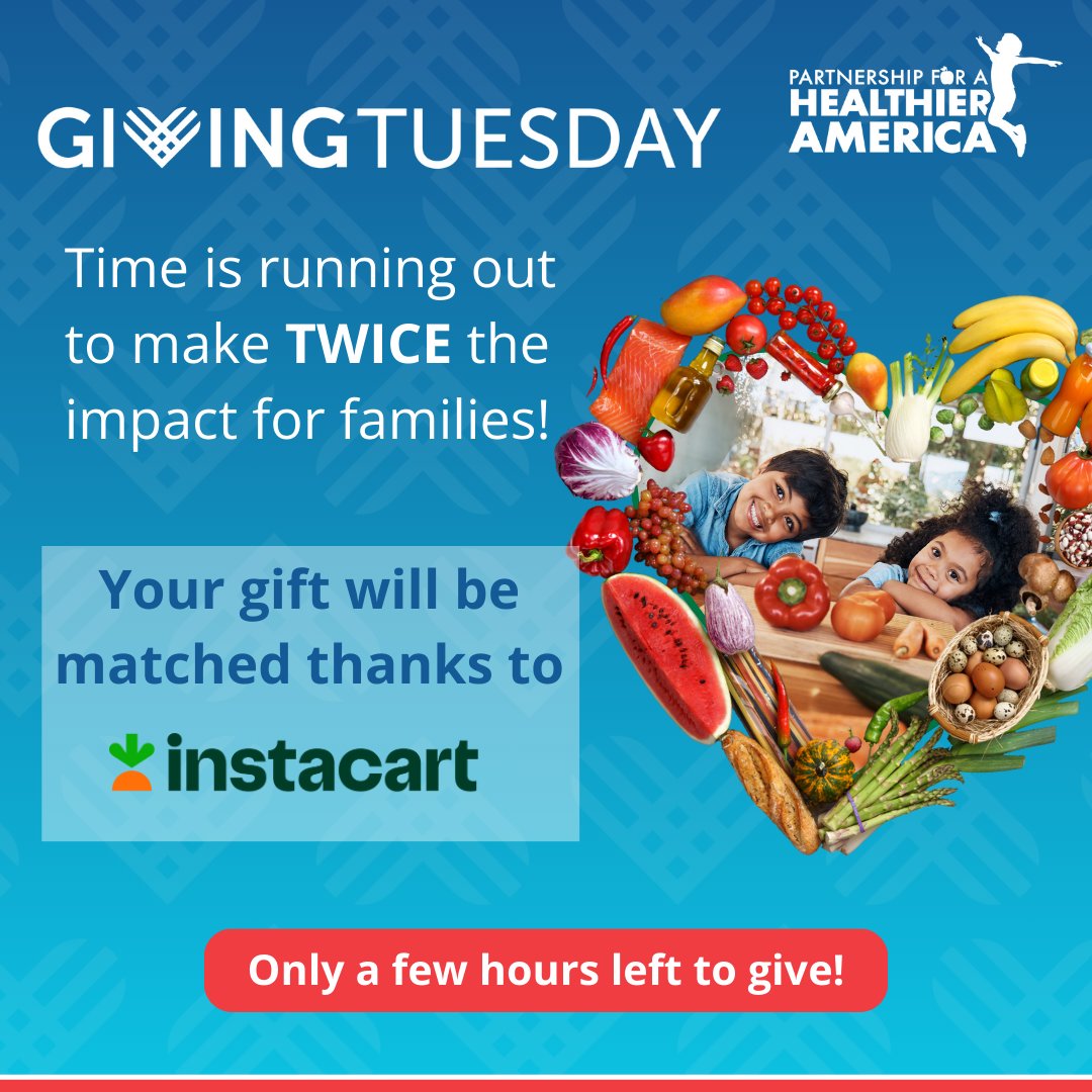 There are only a few hours left to give so your gift can make DOUBLE the impact! Your donation provides nutritious food to families across America. Together, we can ensure good food for all. And thanks to @Instacart your gift goes twice as far — give now. bit.ly/GivingTuesdayP…