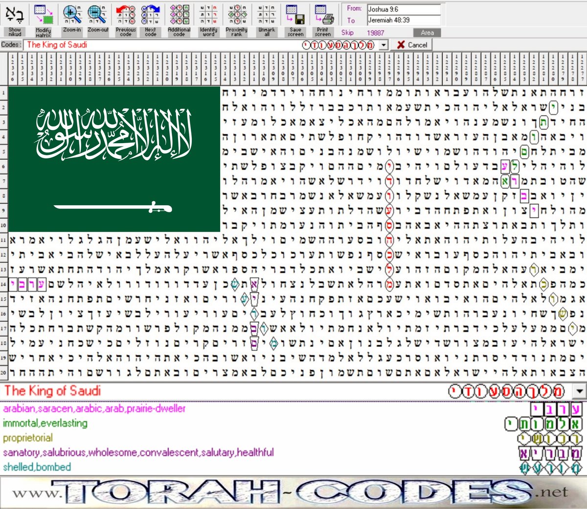 PrimeCleric's tweet photo. "King of Saudi" 1 Bible Code.
Arabian, Everlasting, Proprietorial, Wholesome, Bombed.
@KingSalman https://t.co/yKE6dm6ki1