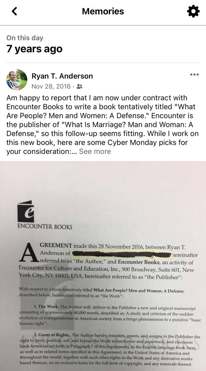 Facebook reminds me that it was 7 years ago today that I signed a contract with @EncounterBooks to write a book titled “What Are People? Men and Women: a Defense.” A year later it came out as “When Harry Became Sally: Responding to the Transgender Moment.” encounterbooks.com/books/when-har…