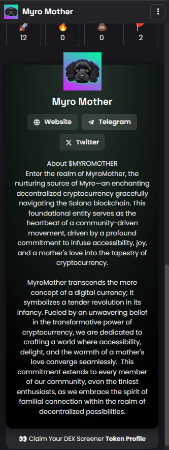 MyroMother's tweet photo. Myro Mother Information updated on Dexscreener, let's send it ๐ฅ
https://t.co/0w43OObRq7
#MyroMother https://t.co/eTOuM7Lkyw