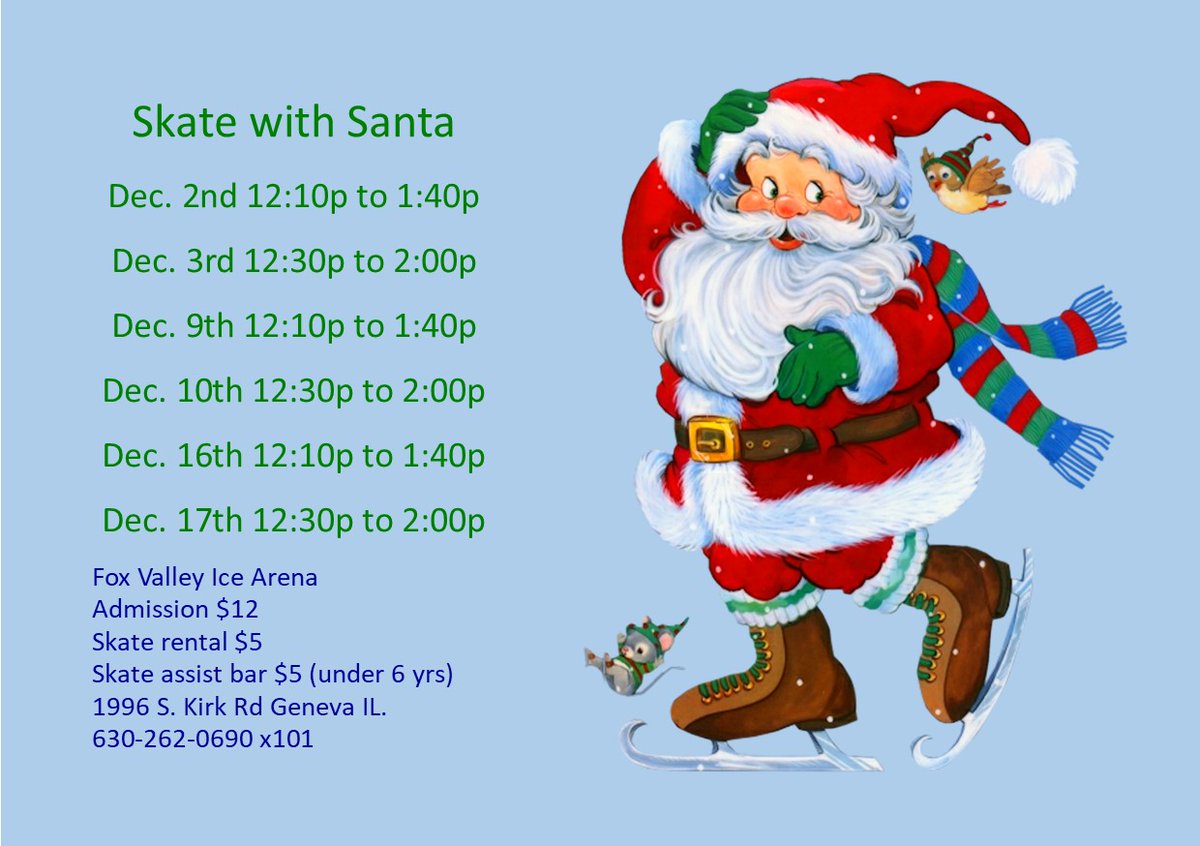 Santa will be stopping by the Fox Valley Ice Arena to skate. 
Join us this weekend, Saturday from 12:10p to 1:40p & Sunday from 12:30p to 2:00p for public skate.  Admission $12 per skater ~ Skate rental $5 ~ Skate assist bar $5 (under 6 yrs)  #skatewithsanta #foxvalleyicearena