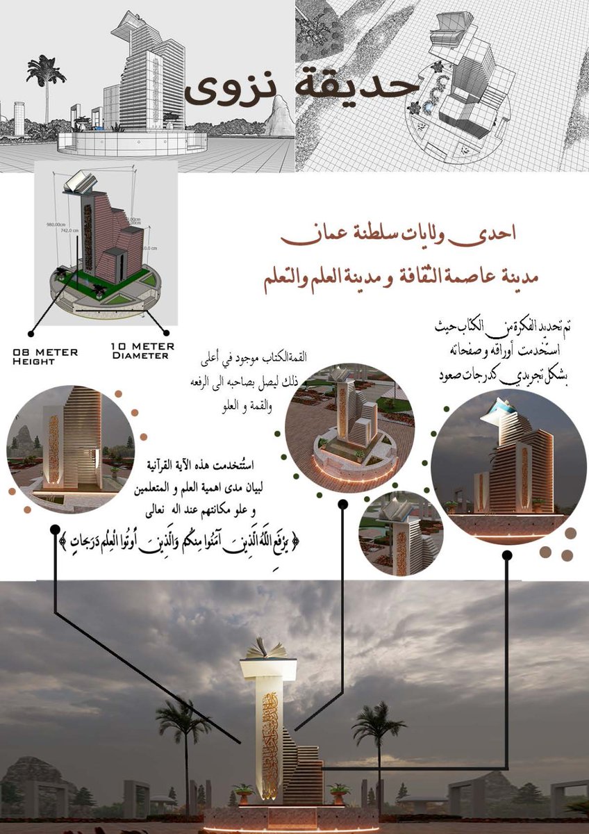 miysaa141's tweet photo. مقترح تصميم معلم تذكاري - حديقة نزوى العامة

تم تحديد الفكرة من الكتاب حيث استخدمت أوراقه وصفحاته بشكل تجريدي كدرجات صعود

القمة الكتاب موجود في أعلى ذلك ليصل بصاحبه الى الرفعة والقمة و العلو

استخدمت  الآية القرآنية لبيان مدى أهمية العلم و المتعلمين و علو مكانتهم عند الله. https://t.co/ffRjh0mLv9