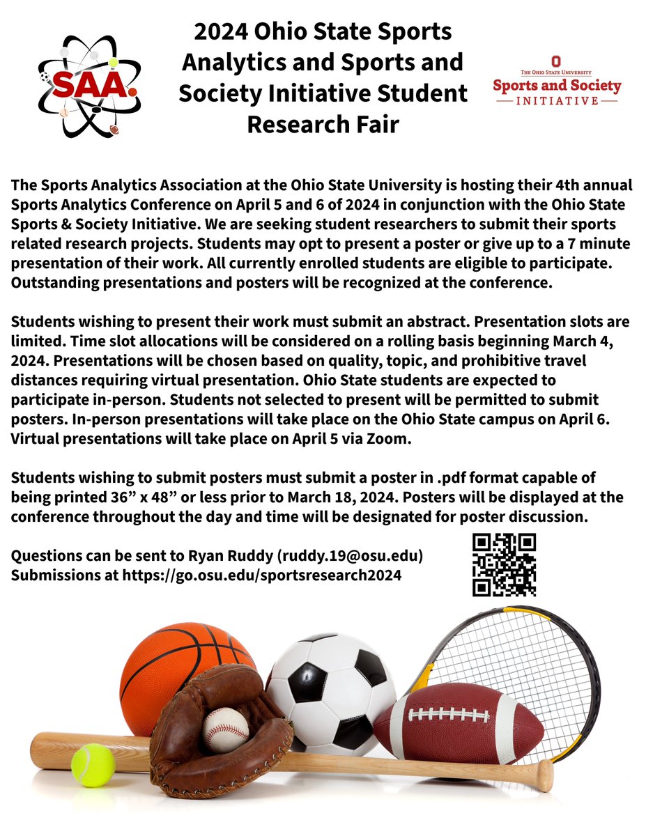 We are looking for student researchers to present at the  Sports Analytics conference and <a href="/SportsSociety/">Sports and Society Initiative</a> student research fair. We will have Zoom presentations, in-person presentations and posters. Students of all levels are encouraged to participate.