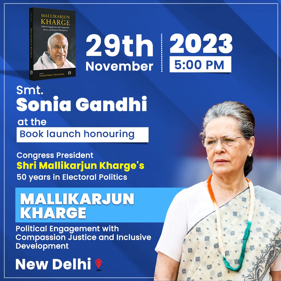 INCIndia's tweet photo. CPP Chairperson Smt. Sonia Gandhi ji will launch a book in honour of Congress President Shri @Kharge's 50 years in electoral politics at Jawahar Bhawan, New Delhi. 

Stay tuned to our social media handles for live updates.

📺 https://t.co/FR4q7RbcAz

📺 https://t.co/GKr26kTQfy

📺 https://t.co/iVsNYHrQQf