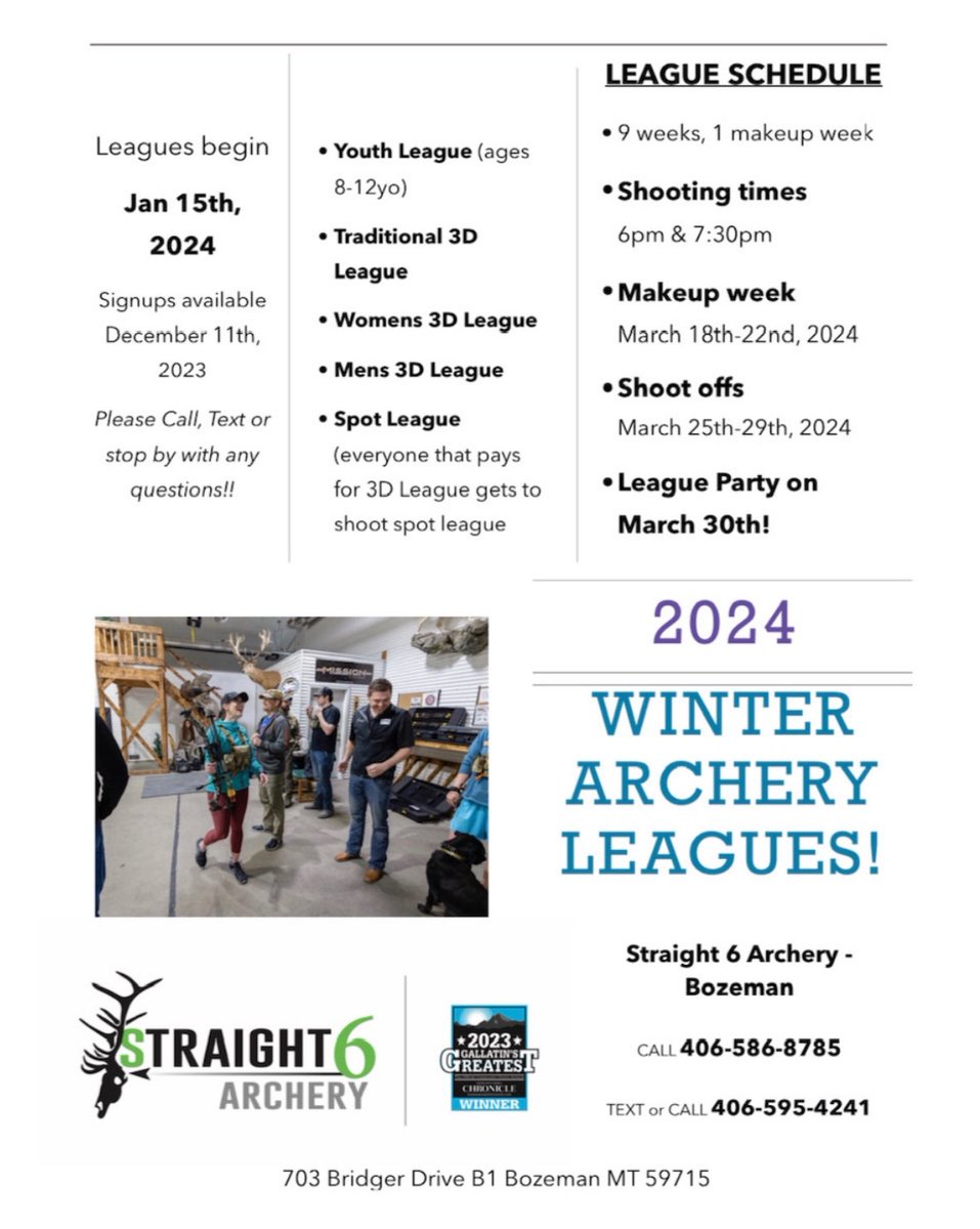 2024 BOZEMAN LEAGUE SIGNUPS WILL BEGIN DECEMBER 11th!!!! 
• • • 
#ArcheryLeague #BlackFriday #Straight6Archery #ishootstraight6 #ShopLocal #Archery #HuntMontana #Bowhunting #Bowhunter #Hunter #MT #Montana #BozemanMontana #Bozeman