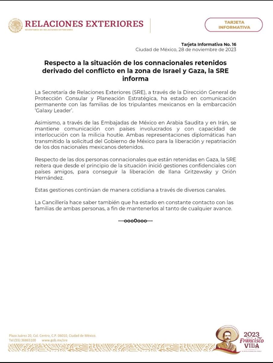 📃Respecto a la situación de los connacionales retenidos derivado del conflicto en la zona de Israel y Gaza, la <a href="/SRE_mx/">Relaciones Exteriores</a> informa.

gob.mx/sre/documentos…