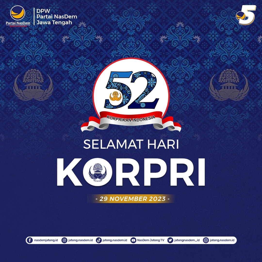 Selamat Hari Ulang Tahun KORPRI! 
52 Tahun Korpri 'Korprikan Indonesia'.

#HUTKORPRI
#NasDemNomor5 
#ItsTime 
#PartaiNasDem 
#RestorasiIndonesia 
#DPWNasDemJateng 
#NasDemJateng 
#OraNasDemOraMarem