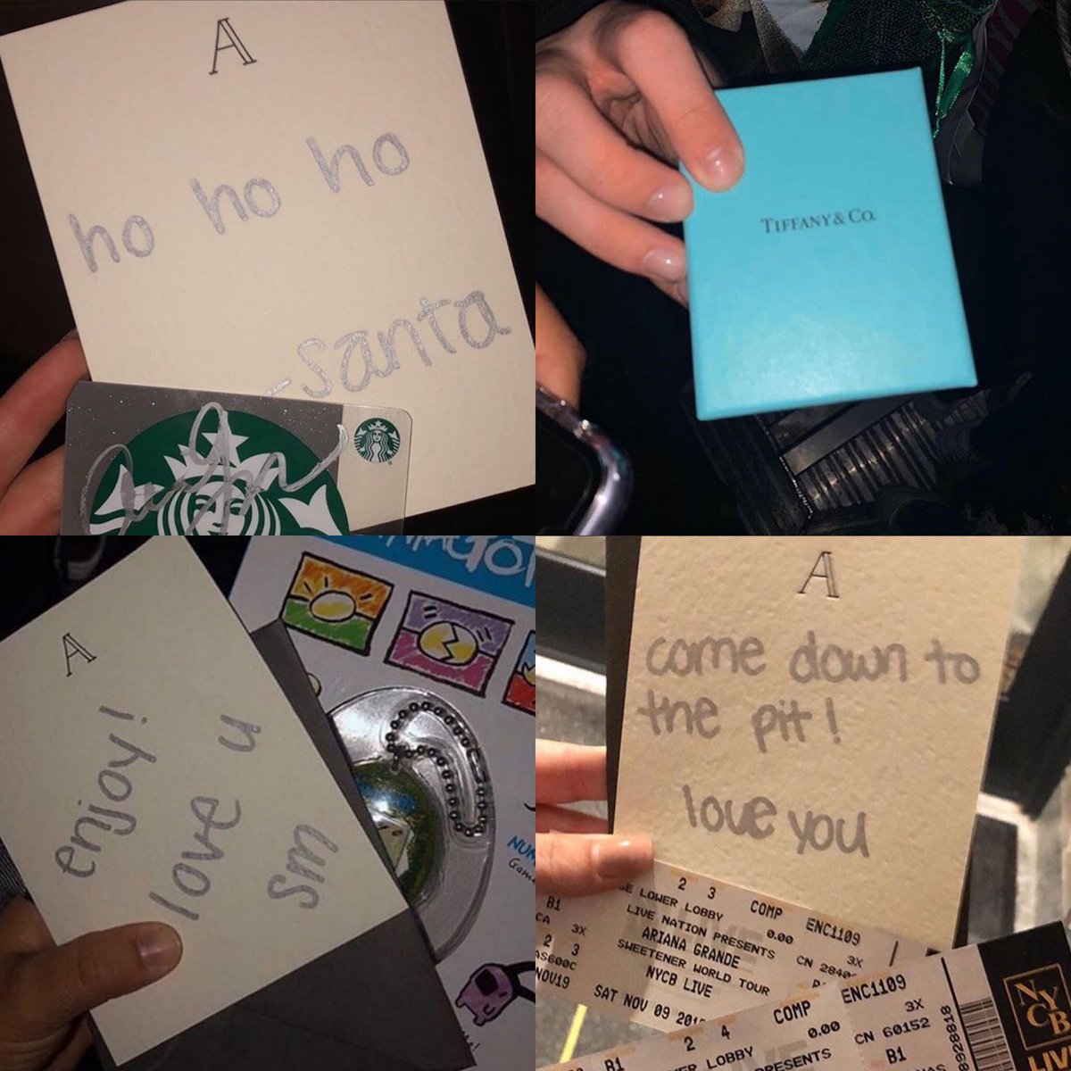cambeserious's tweet photo. when ariana grande was performing santa tell me while throwing out $100 starbucks gift cards and tiffany earrings to the crowd https://t.co/UqJVpLBE0y