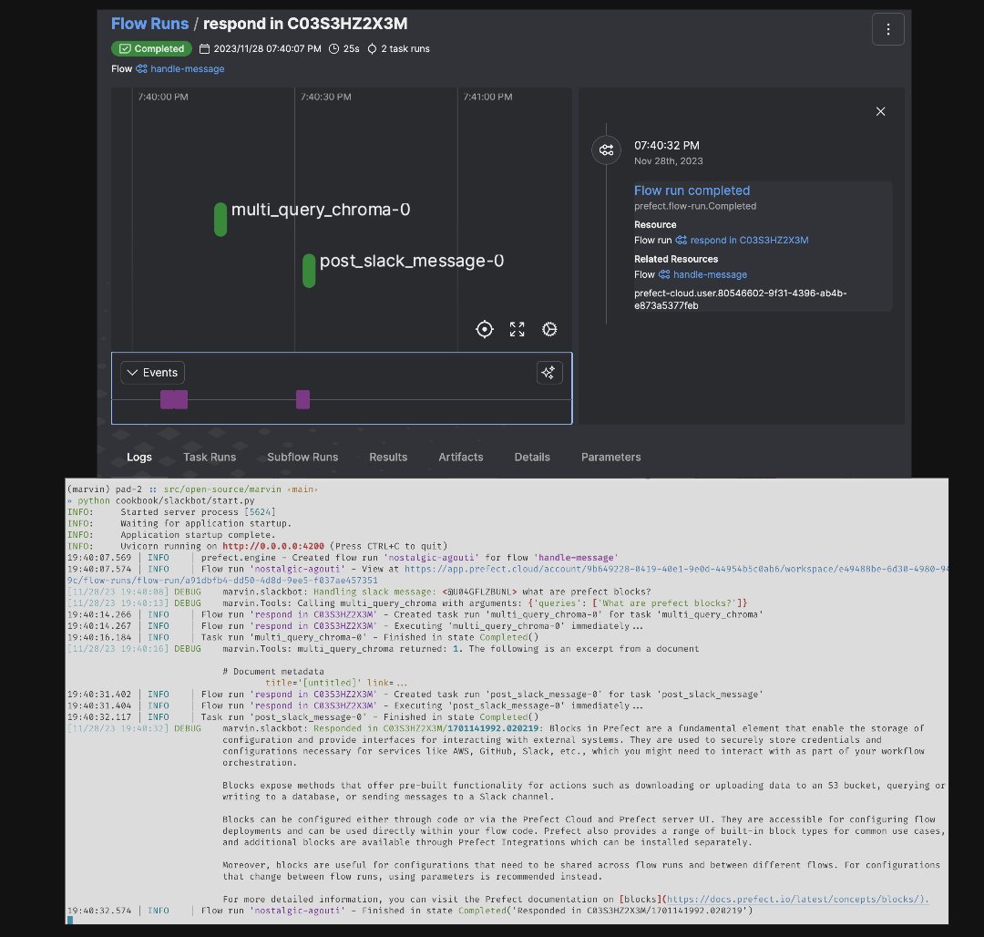 a slackbot in 85 lines (+ utils) via @FastAPI / @AskMarvinAI's Assistants SDK - give it some python functions (sync/async) to use as tools (for RAG etc) - observe interaction + tool use in @PrefectIO with `@flow` on your handler, and trigger arbitrary downstream work via Events…