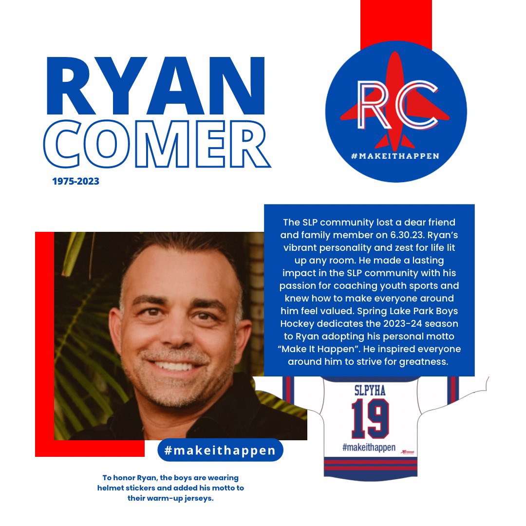 The SLP community lost a dear friend and family member on 6.30.23.  SLP dedicates the season to Ryan adopting his personal motto “Make It Happen”. To honor Ryan, the boys are wearing helmet stickers and added his motto to their warm up jerseys. #rc | #makeithappen