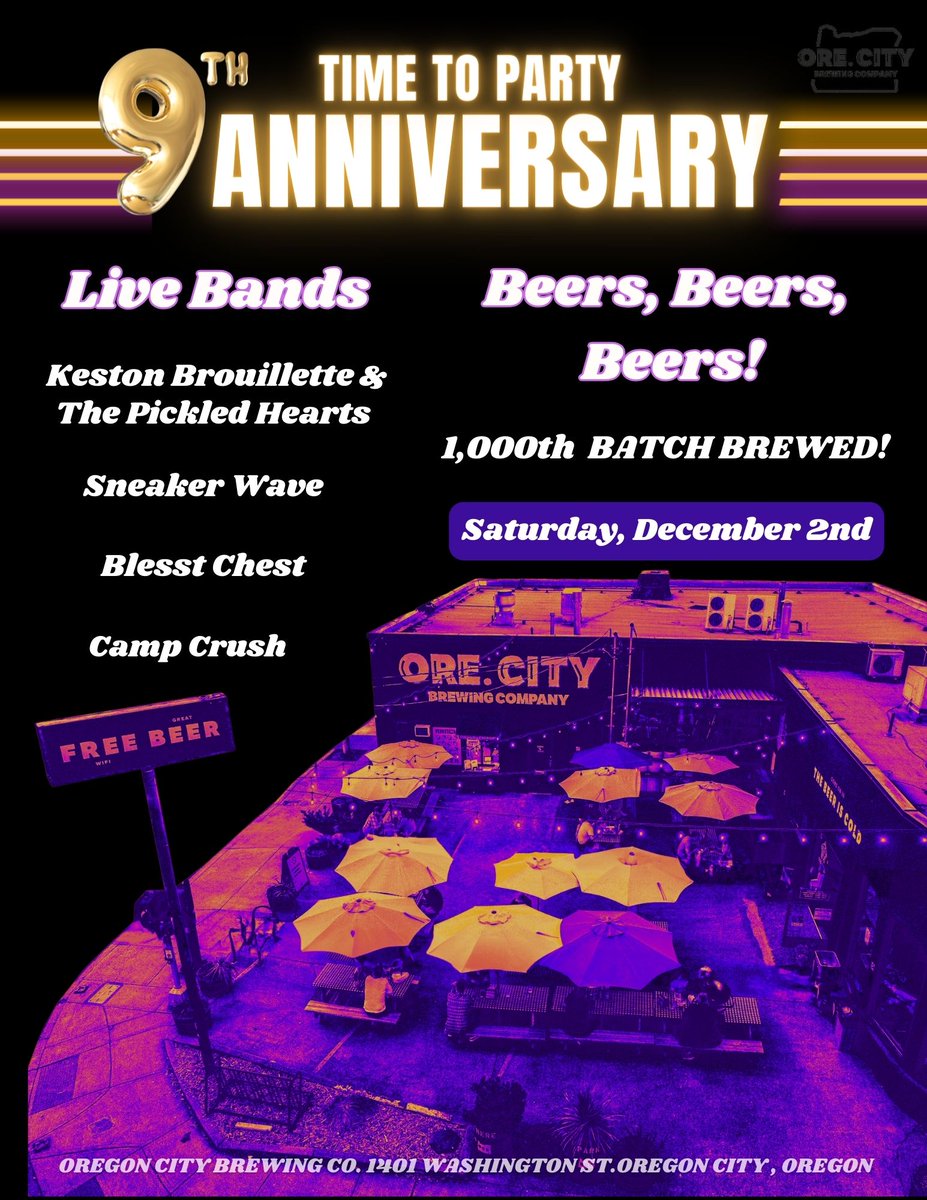 Oregon City Brewing Co. to host its 9th Anniversary Party on Saturday with two beer releases and live music from four bands! Details in the link below.

Link: brewpublic.com/beer-events/or…