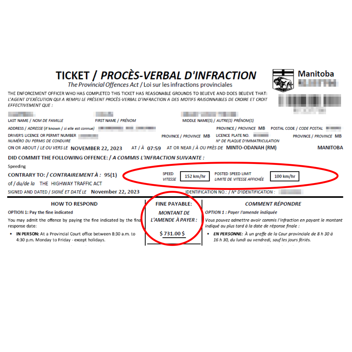 8am Nov 22, 21yo clocked @ 152 km/h w busy traffic on #MBHwy10. Driver impaired (later blew 120mg% or 0.12) & has never had a valid driver’s licence. Passenger & infant in vehicle. Arrested & charged w Impaired Op + $1029 HTA fines + SON + 30d impound. #noexcuses #TrafficTues