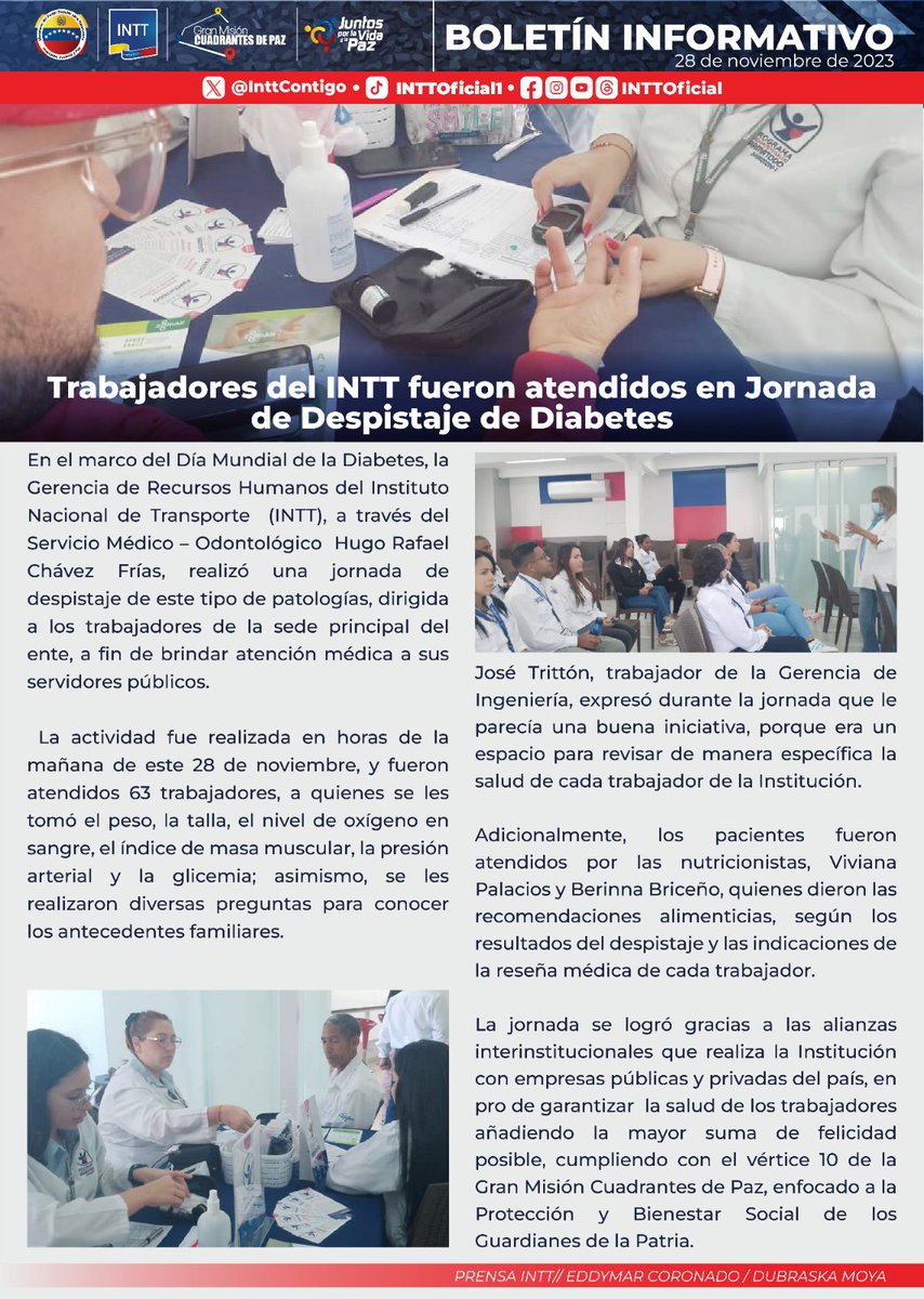 #BoletínInformativo| Trabajadores del INTT fueron atendidos en Jornada de Despistaje de Diabetes.
-
#VenezuelaEsEsequibo