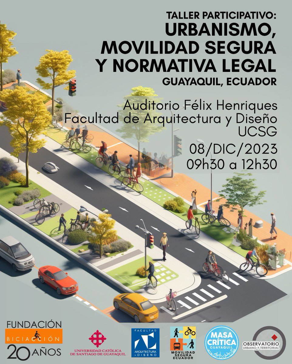 Te invitamos a ser parte del taller “Urbanismo, movilidad segura y normativa legal” 🚧⚖️

📆Viernes 8 de diciembre de 2023
🕢09h30 a 12h30
📍Auditorio Félix Henriques, Facultad de Arquitectura y Diseño, UCSG

#MenosVelocidadMásVidas 
#5FactoresDeRiesgo #NoMásMuertesenlasVías