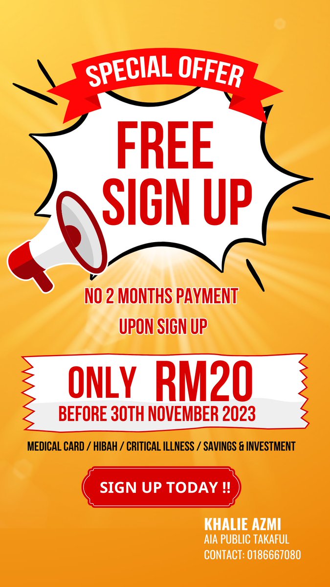 KhalieAzmi's tweet photo. SIGN UP sekarang
Dapatkan perlindungan sebelum masuk tahun 2024 !

Promo sehingga 30th Nov 2023 :
2 bulan pembayaran upon sign up ❌
Hanya RM20 upon sign up ✅

Dm me,
Khalie Azmi
AIA Public Takaful
0186667080 https://t.co/mIwwTThTEe