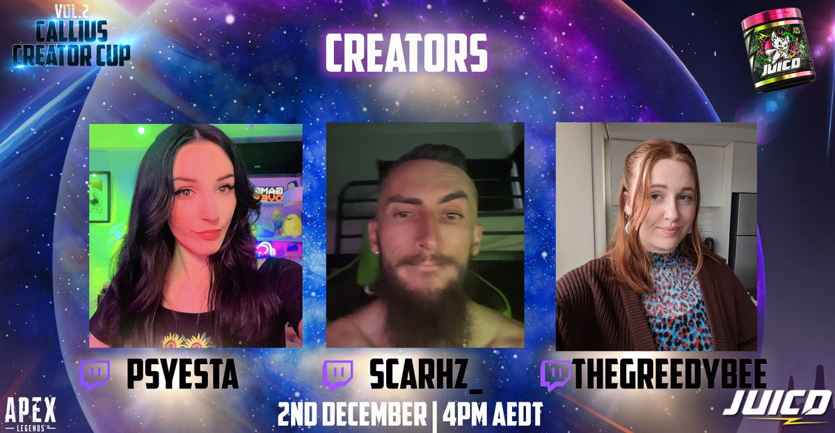 ItsCallius's tweet image. Well well well… if it isn’t our next 3 creators leading the charge in the @PlayApex creator cup 

@psyestaa 
@scarhz__ 
@BeeGreedy 

Far too excited to be delivering prizes from our good friends at @JUICDenergy 🥵🏆