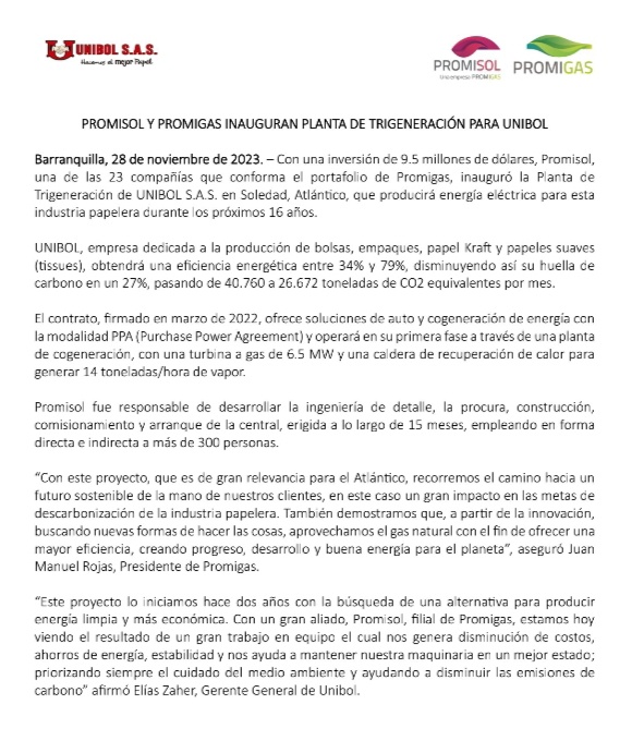 jormon26's tweet photo. La alianza @promigasoficial @Promisoloficial y empresa #Unibol en Soledad, permitió inversión de US9,5 millones en una planta de trigeneración para producir energía eléctrica para esta compañía de papel https://t.co/iehkBu3Vrv