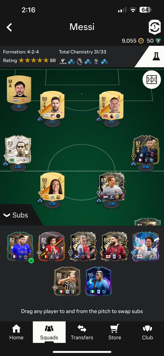 Jake73863289's tweet photo. @FUTWORKSHOP Here’s my current team and bench. Any advice would be great! Not really sure where too improve, everyone is untradable except messi. https://t.co/j1KzWtLetT