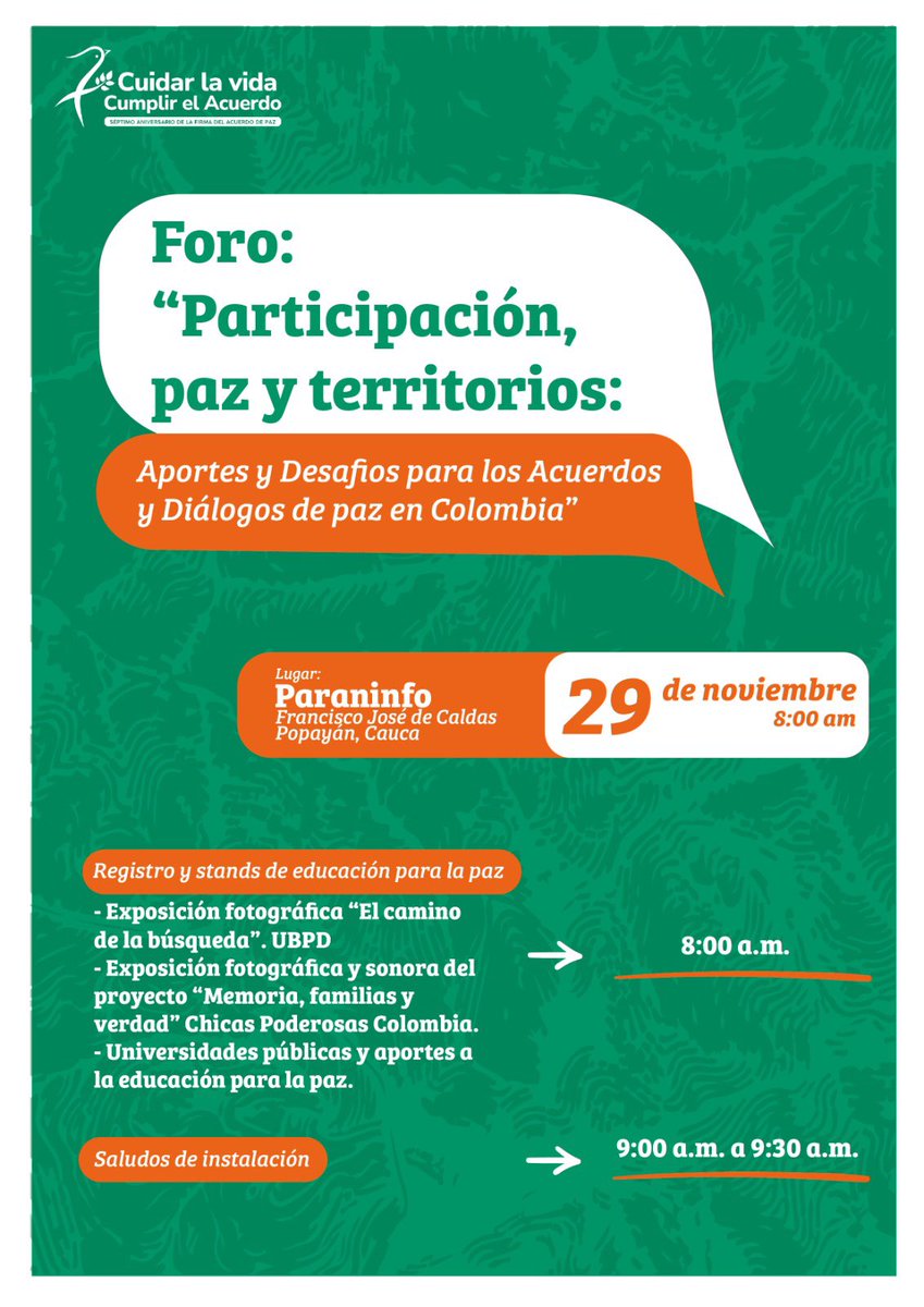 Nos encontramos en el Foro “Participación, paz y territorios: Aportes y desafíos para acuerdos y diálogos de paz en Colombia”.
➡️29 de noviembre
⏰ 8:00 a.m. 
Paraninfo Francisco José de Caldas.